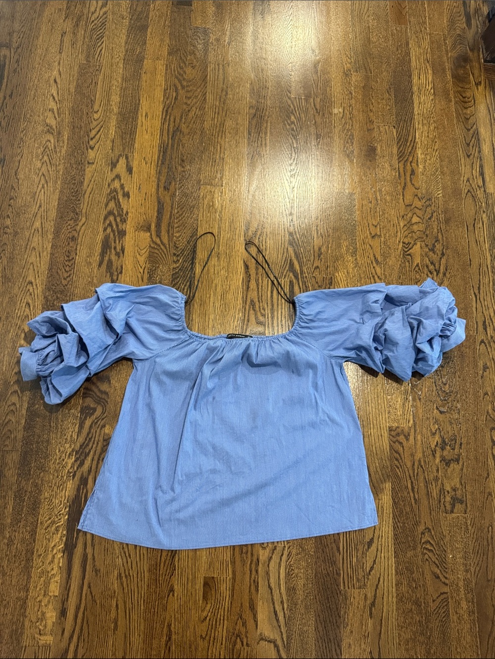 Zara Light Blue Puff-Sleeve Square Neck Blouse